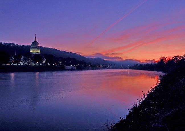 Kanawha River and Charleston Capitol Building- Midland Trail National Scenic Byway, West Virginia